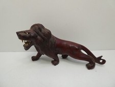 VINTAGE WOODEN ASIAN CARVED LION STATUE  FIGURINE   GLASS EYES