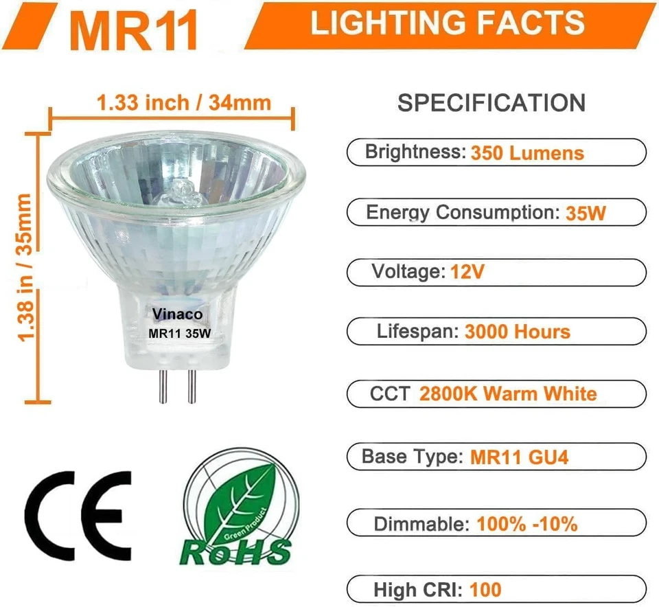 6 Pack Vinaco GU4 Bulb 35W 12V, 6 Pack GU4 Base MR11 2800K Warm White - Image 2 of 4
