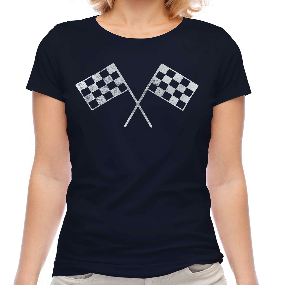 ☆FREEDOM☆ Racing Pique T-Shirt Black FD24MMPK0340BK MOTOR RACING CHECQUERED FLAG DISTRESSED PRINT WOMENS T-SHIRT