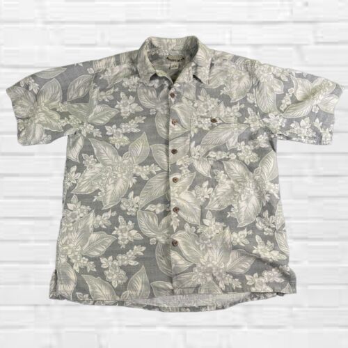 Vintage Hawaiihemd Herren L Khaki Blumen Seide Leinenmischung Aloha Luau Resort