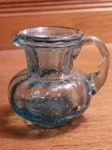 Vtg Hand Blown Crackle Style Glass Miniature Pitcher Aqua Blue 2 x 2.25 Inch