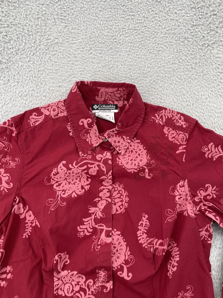 Columbia Abotonable Para Mujer Pequeño Rojo Floral Manga 3/4 Flores Informal Damas Foto 2 de 4