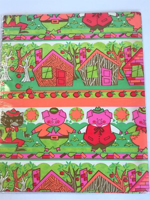 NOS 1970's Vintage Neon Retro 3 Little Pigs & Wolf Kids Amazing  Gift Wrap Craft