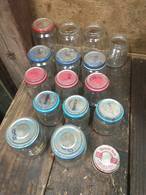 Lot of 15 Vintage Glass Baby Food Jars Gerber Beechnut 12 w/lids w/o 
