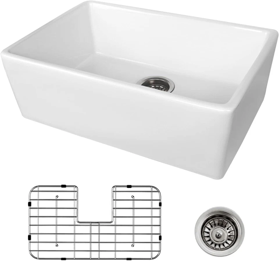 24 Inch White Farmhouse Sink Apron Front Farm Sink With Bottom Grid and Strainer - Image 2 of 4