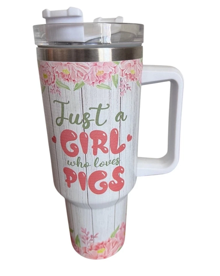 Vaso aislante de acero inoxidable floral rosa personalizado con mango y tapa diseño de cerdo Foto 2 de 4