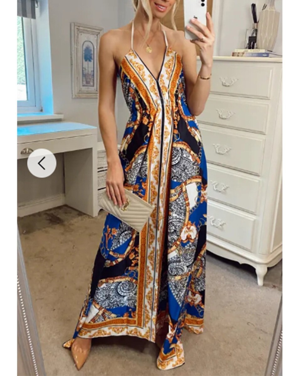 CY Boutique chain scarf print strappy flowy maxi dress summer holiday wear  | eBay