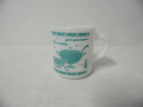 Hazel Atlas Turquois Kitchen Aids Series White Milk Glass 8 oz Coffee Cup