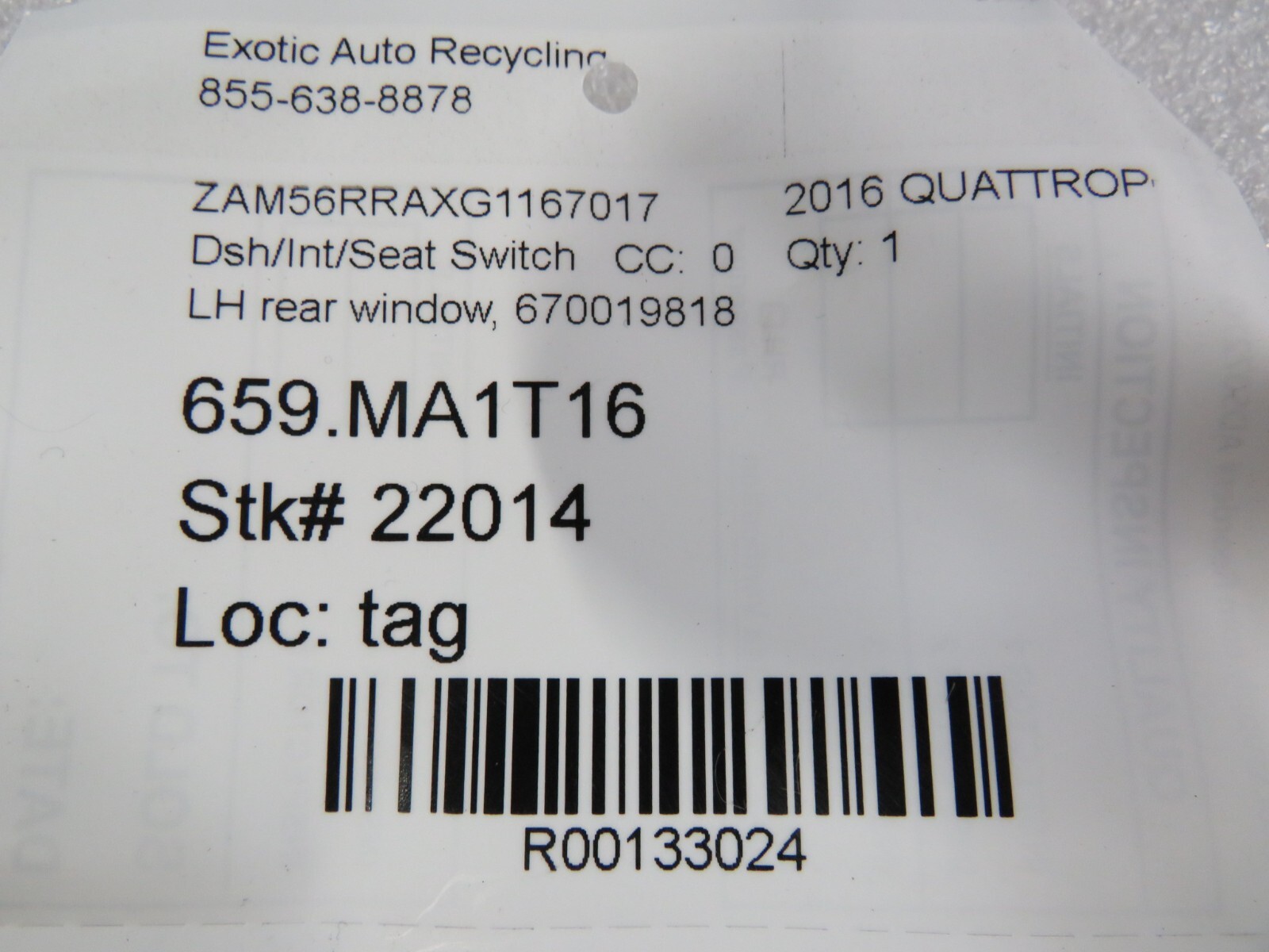 2016 Maserati Quattroporte, LH, Rear Door Window Switch, Used, P/N 670019818