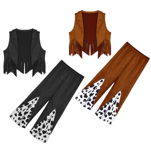Girls Outfit Open Front Cowboy Vest Lapel Collar Flared Pants High
