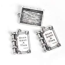 2 Miniature Book Charms Set Tiny Library Pendants Antiqued Silver Fairy Tale