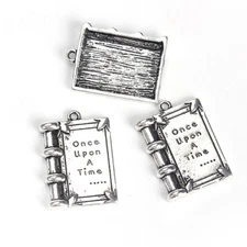 2 Miniature Book Charms Set Tiny Library Pendants Antiqued Silver Fairy Tale