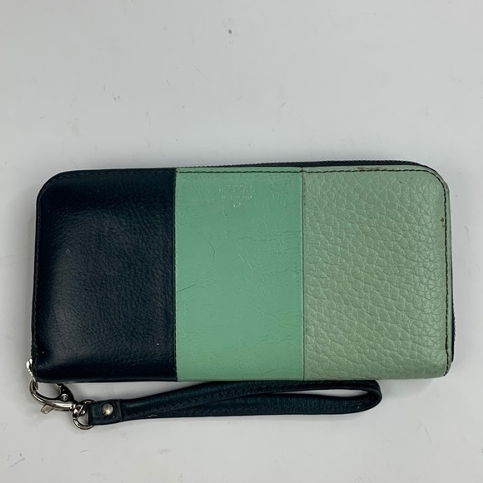 Fossil Leather Zip Around Wallet wristlet Cards cash coins Green navy blue-image