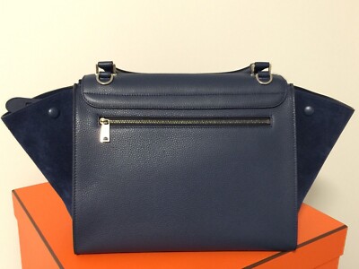 CELINE Trapeze Handbag Shoulder Bag Navy Blue Leather Brand New