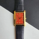 Vintage Seiko Slim Tank Quartz Men Red Dial Dress Watch-Free Shipping