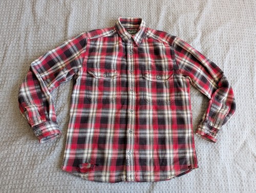 Woolrich Woolen Mills Flannel Shirt Men Medium Red Herringbone Plaid Distressed - Picture 1 of 16