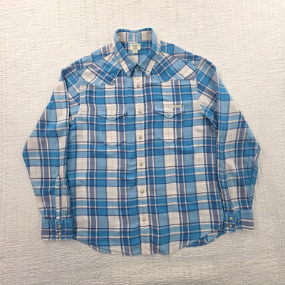 Lucky Brand Button Up Blouse Women's L Blue White Plaid Long Sleeve Pearl Snap