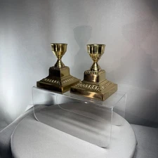 Pair Of Vtg Brass Ornate Candlestick Holders Square Base 5.25" India Weighted