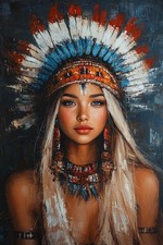 Native American Woman Headdress Canvas Picture Print Wall Art