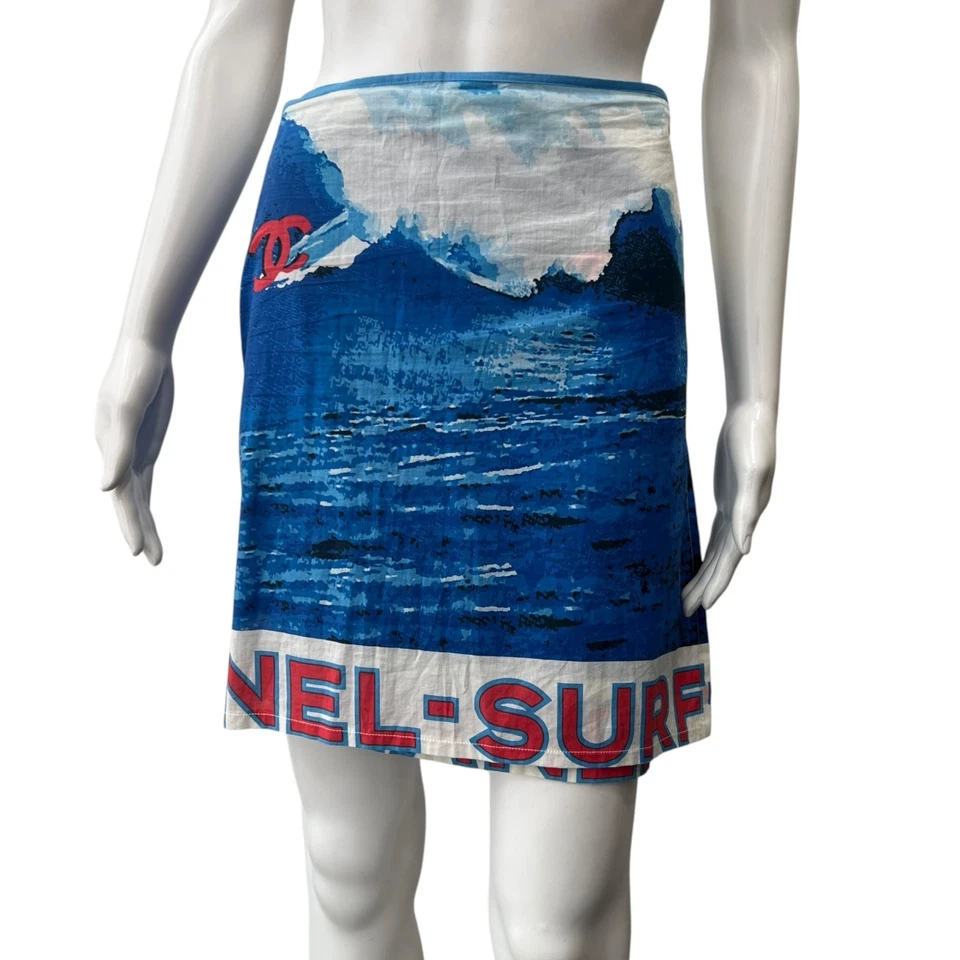 CHANEL 2002 VINTAGE Surf Blue White Sarong Wrap Tie Skirt one size - Image 2 of 4