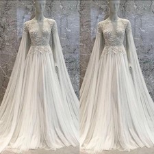 Princess White Ivory Wedding Dresses with Cape Lace Appliques A Line Bridal Gown