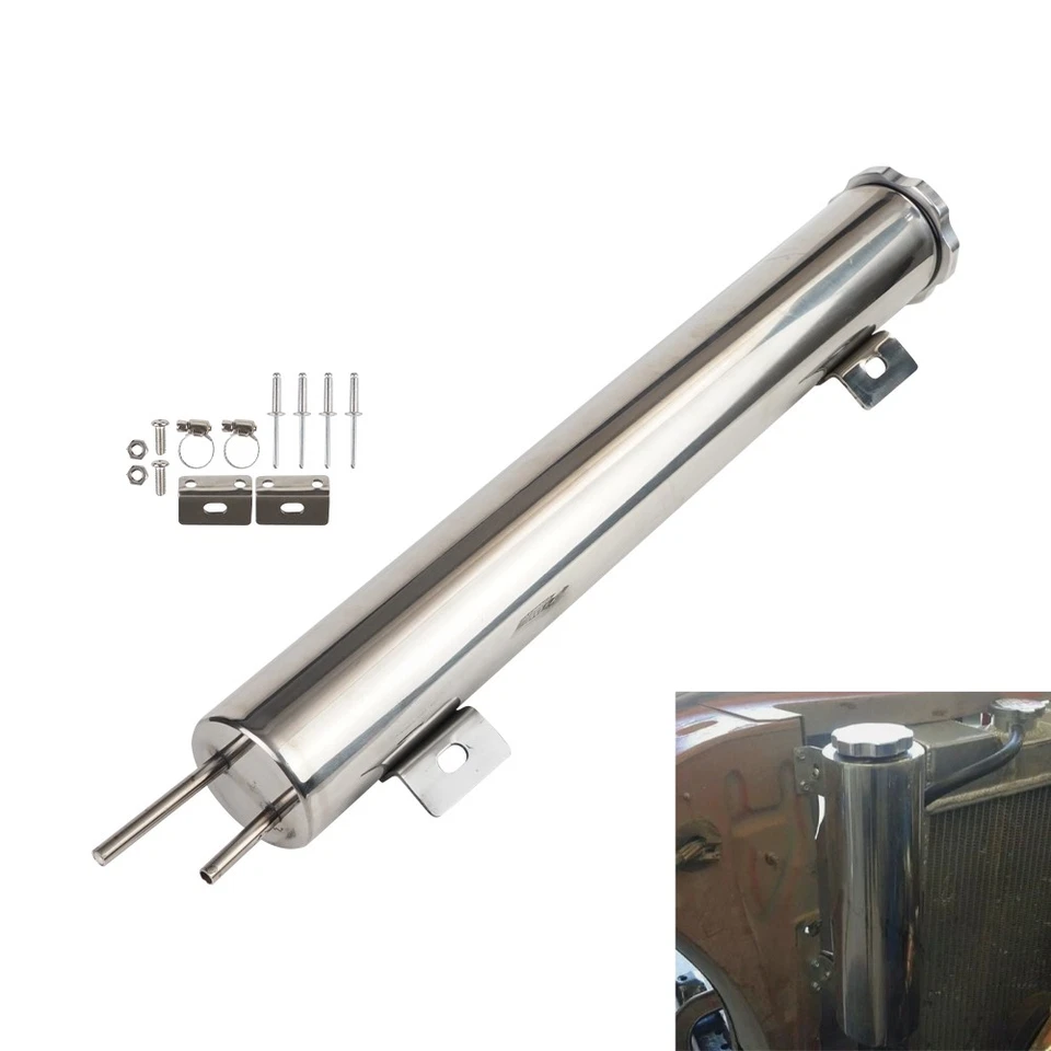 2"x15" Polished Radiator Coolant Overflow Catch Puke Tank 20OZ Stainless Steel - Image 4 of 4