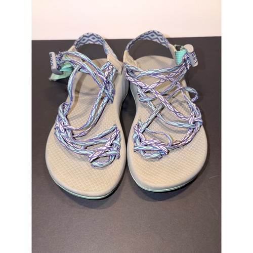 Chaco ZX/3 Sz 8 Strappy Sandals Grey Purple Blue Toe Loop Water Walking Shoes