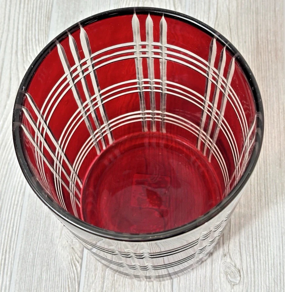 Pottery Barn Red Stewart Plaid Cut Glass Hurricane Candle Holder 11" Tall Large - Image 2 of 4