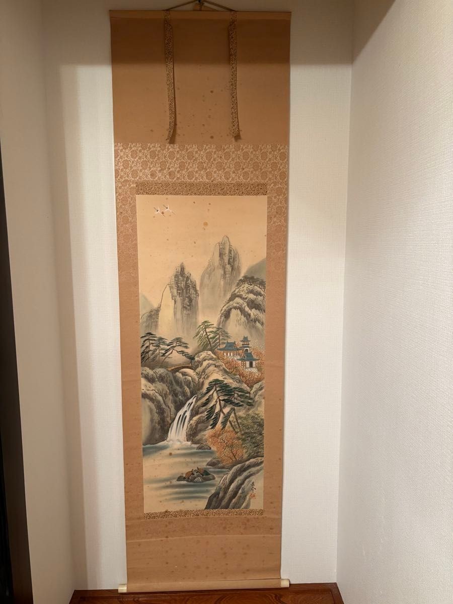 Japanese landscape painting hanging scroll, waterfall, mountain scene, antique a