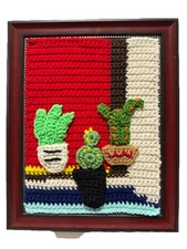 CACTUS WINDOW Handmade Crochet painting Wall/ Decor HANGING framed Rustic MODERN