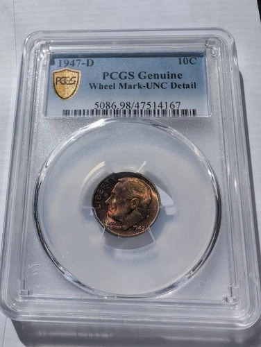 1947-D 10C Roosevelt Dime With Wheel Marks UNC Detail