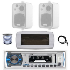 Pyle Bluetooth Marine Radio,Cover, Antenna,Wire, 2x 4" 30 Watt White Speaker