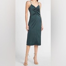 EXPRESS Satin Slip Midi Dress XS Ruched Emerald Green Wedding Guest 90s