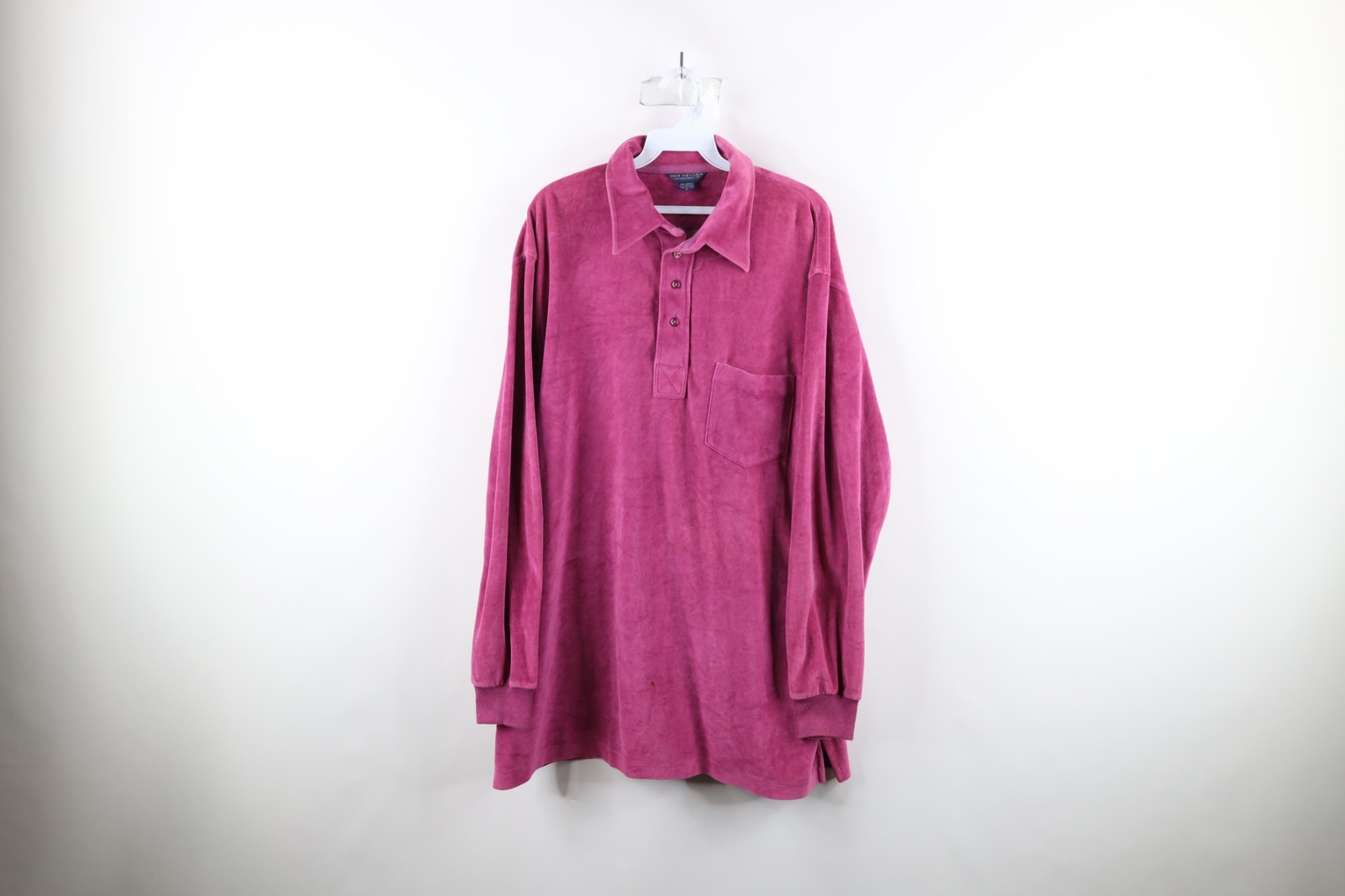 Vintage 70s Streetwear Mens XL Distressed Velour Collared Long Sleeve Polo Shirt