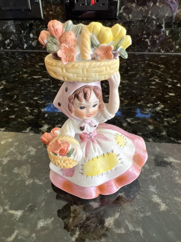 Lefton May Girl  Figurine Flower Baskets Pink Dress Hankerchief   6228  4.5"