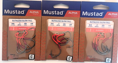 Three (3) packs Mustad Ruthless Slow Fall Assist Fish Hooks Size 2