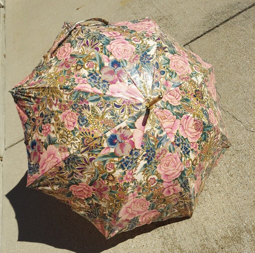 VICTORIA'S SECRET vintage pink floral wood handled umbrella parasol