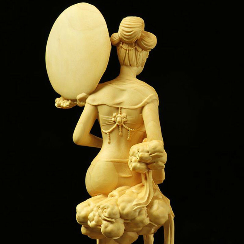 7" Boxwood Wood Carving Chang'e Statue Mythological Figure Sculpture