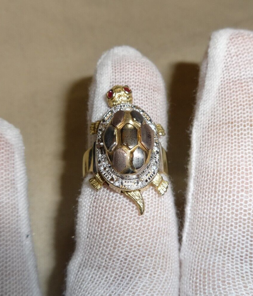 10K Solid Yellow Gold Ruby Turtle Articulated Sta… - image 1