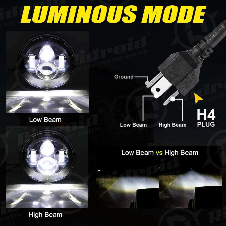 RIDROID 7 Inch LED Headlight H4 Hi/Low Beam Headlamp For Harley Davidson Touring - Image 2 of 4