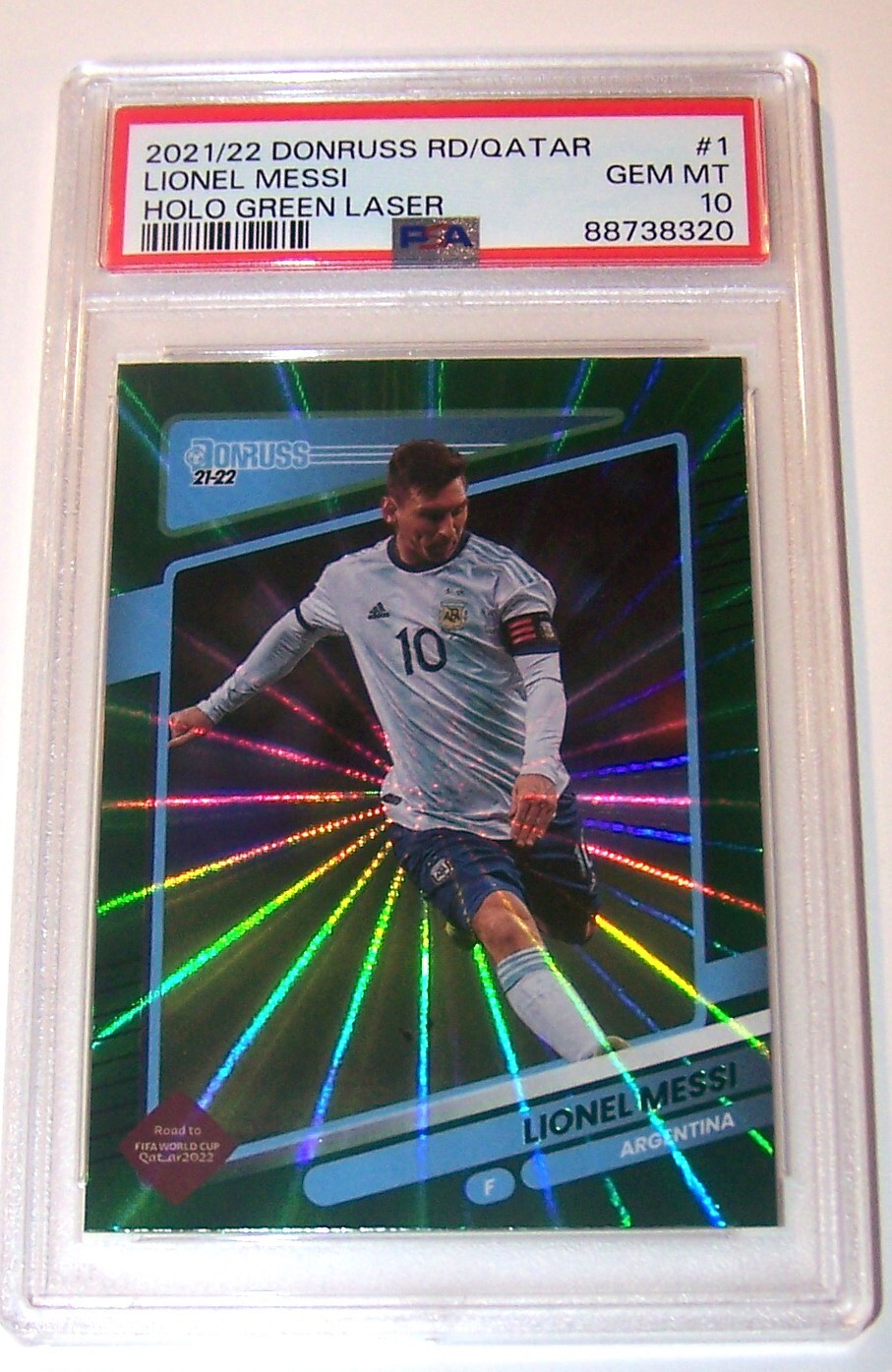 2021-22 Panini Donruss, Qatar, Messi Green Holo Laser SP #1, PSA 10, Gem Mint!