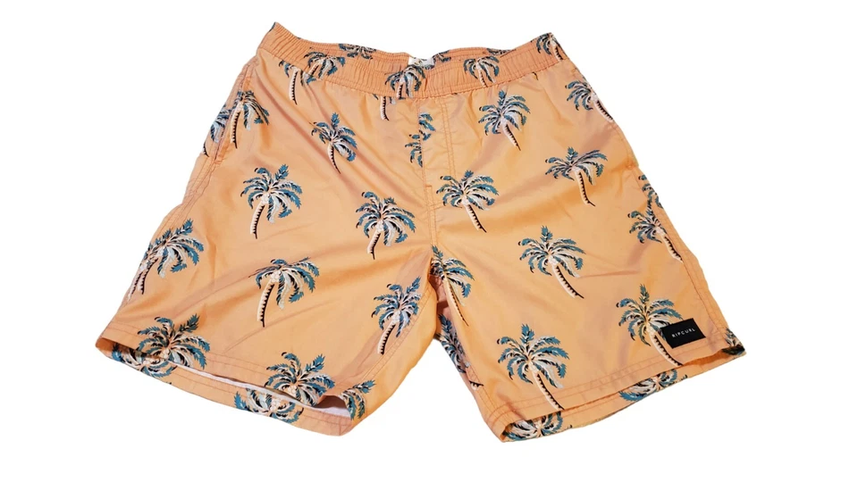 Rip Curl LayDays Swim Trunks Size Medium Elastic Waistband Orange Palm Trees - Image 3 of 4