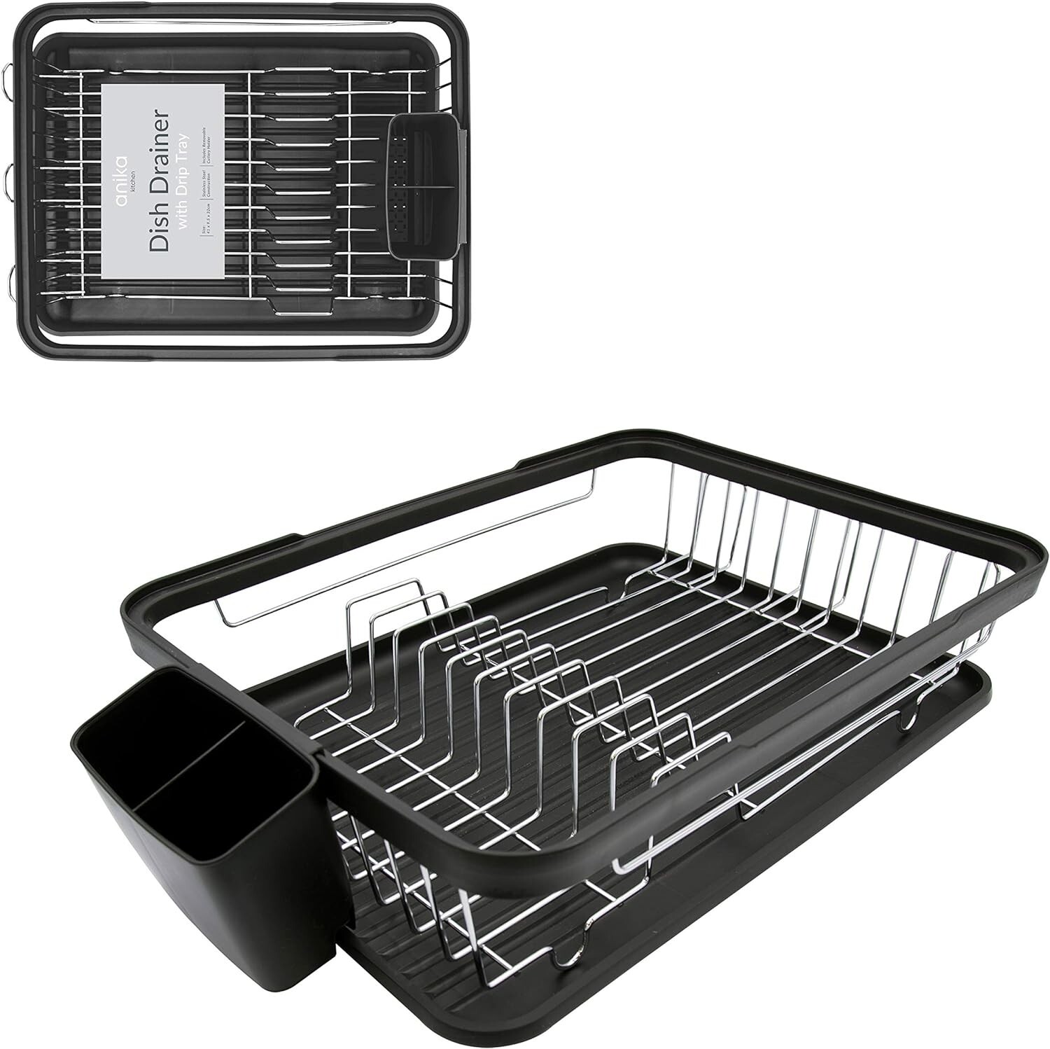 Kitchen Dish Drainer Rack Separate Cutlery Holder Removable Drip Tray Black