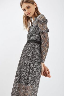 Topshop Illusion Lace Pleated Long Sleeve Midi Dress Gray New $145
