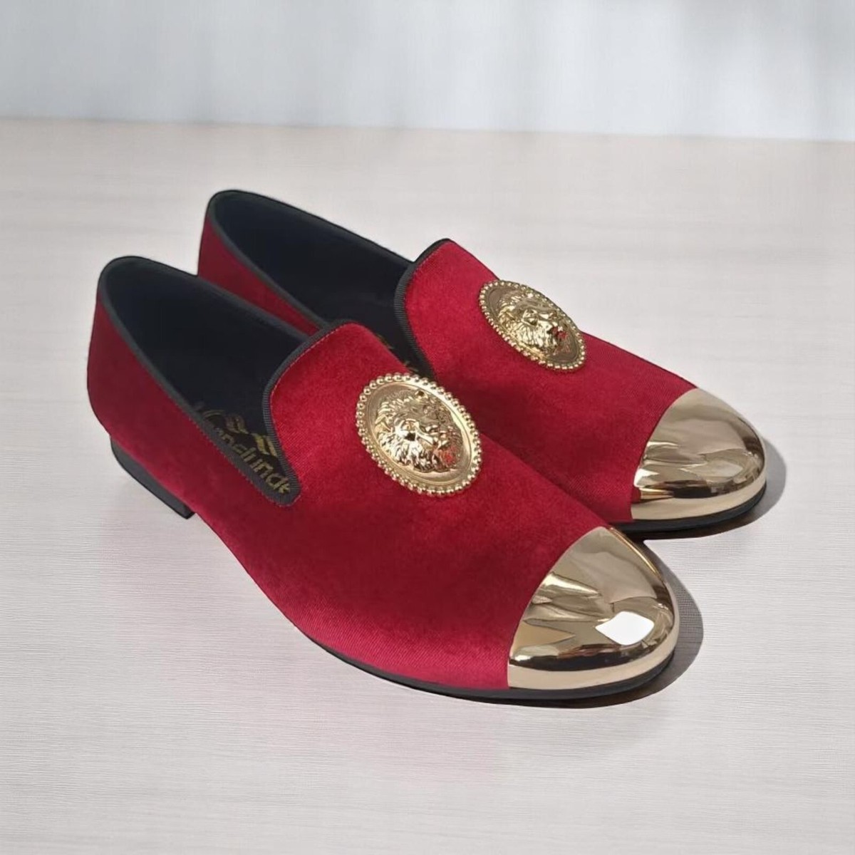 Loafers Burgundy And Gold Mens Shoes Faux Velvet Loafers Mens