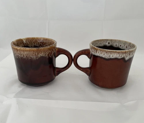 Vintage USA Brown Drip Glaze Coffee Mug Cup, Mid Century. Lot Of 2