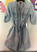 Vtg GUESS Blue Denim Dress w Gold Chain Necklace,pockets Button Down,Boho Sz S
