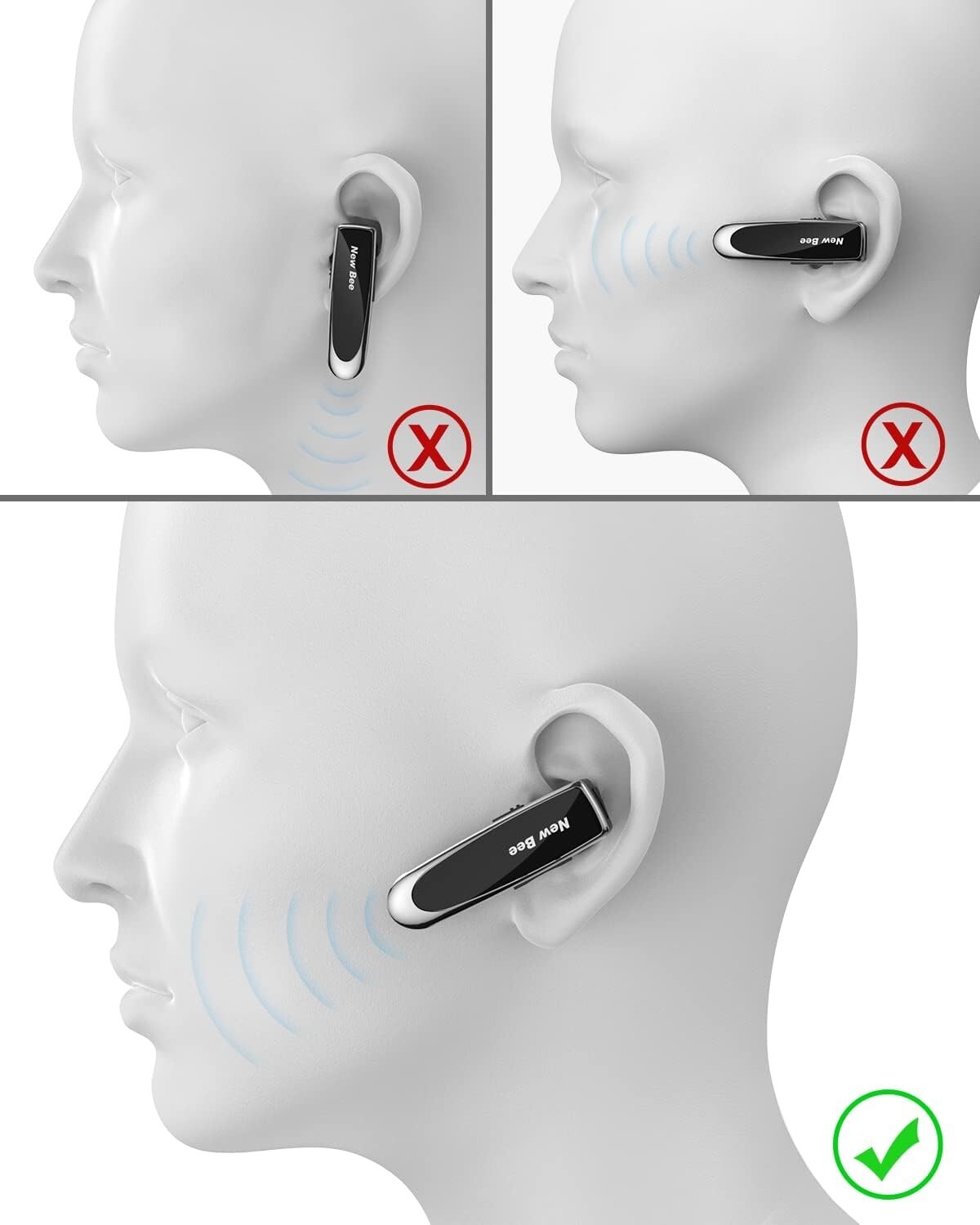 New Bee Bluetooth Headset Earpiece V5.0 Wireless Handsfree Microphone 24 Hours