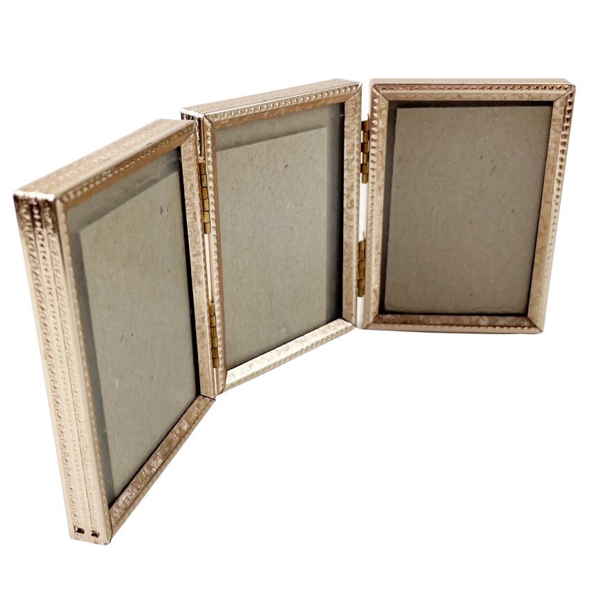Vintage Hinged Photo Frame Tri Fold Mini Gold Tone Embossed Metal 3 ...