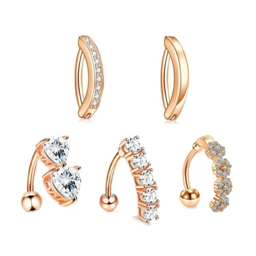 5pc Zircon Short Reverse Navel Ring Rose Gold Silver Bar Curved Belly Button 16g - Picture 8 of 8